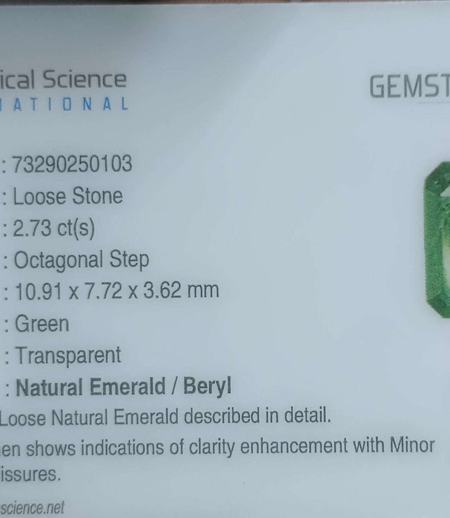 Zambian Emerald 2.73ct Certified Natural Medium Deep Green Loose Stone.