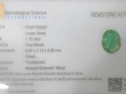 1.70ct Certified  Natural Zambian Emerald Stone