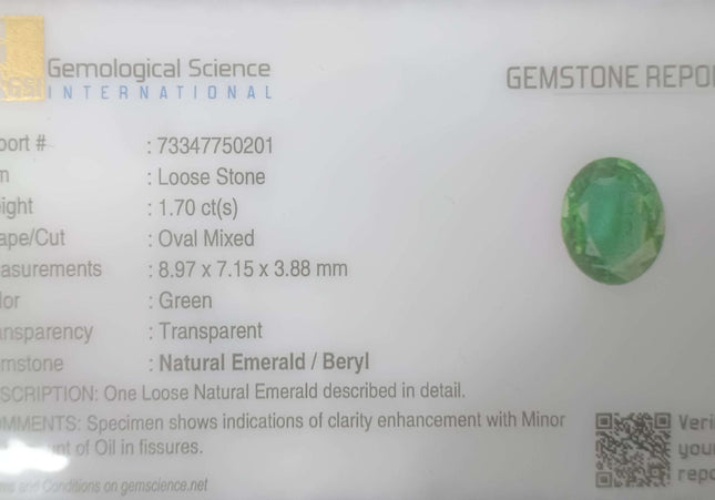 1.70ct GSI Certified Medium Deep Green Zambian Emerald Minor Oiled Loose Gemstone