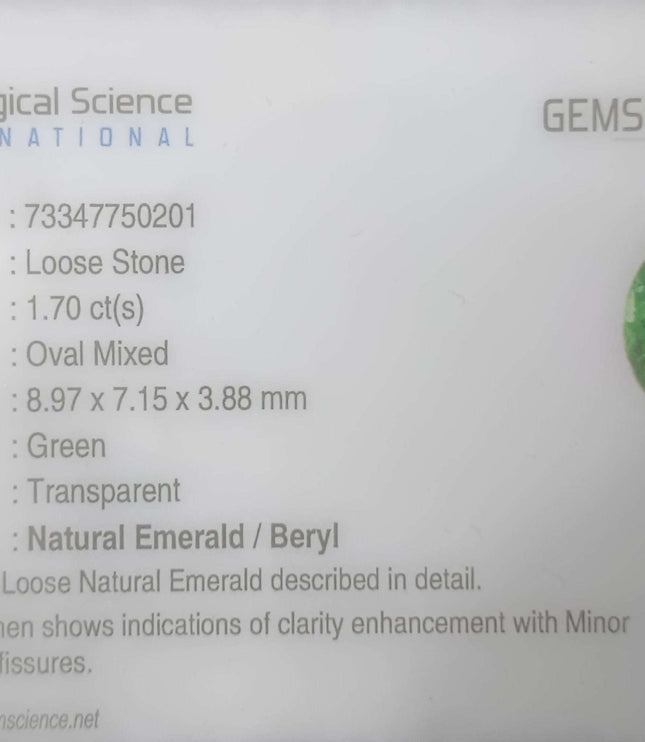 1.70ct Certified  Natural Zambian Emerald Stone