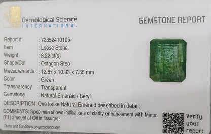 GSI Certified 8.22ct Zambian Emerald, 100% Natural Gemstone