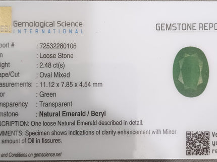 2.48ct Certified Zambian Emerald Natural Medium Deep Velvet Green Oval Cut Loose Gemstone