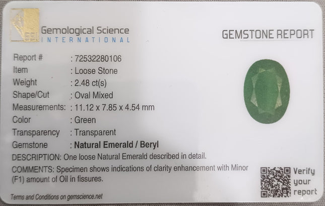 2.48ct Certified Zambian Emerald Natural Medium Deep Velvet Green Oval Cut Loose Gemstone