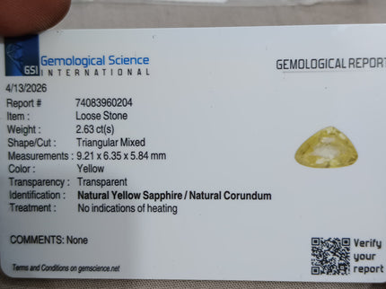 Untreated Yellow Sapphire 2.63ct Natural Certified Triangular Cut