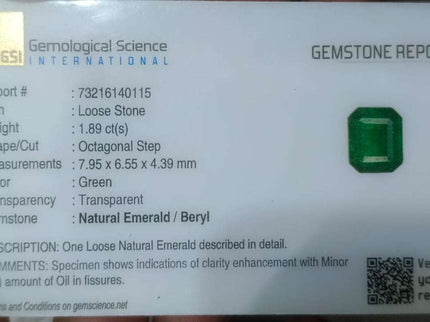 1.89ct Certified Zambian Natural Emerald
