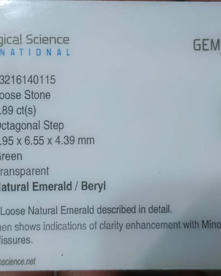 1.89ct GSI Certified Vivid Deep Green Zambian Emerald Minor Oiled Loose Gemstone