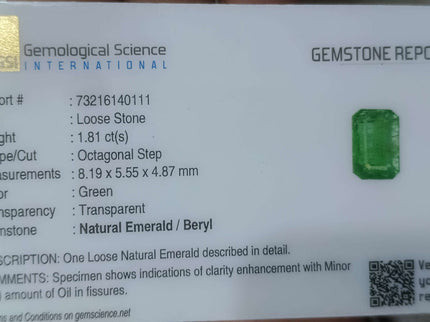 1.81ct Certified Zambian Natural Emerald