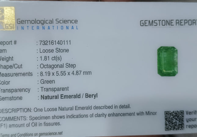1.81ct GSI Certified Medium Deep Golden Green Zambian Emerald Minor Oiled Loose Gemstone