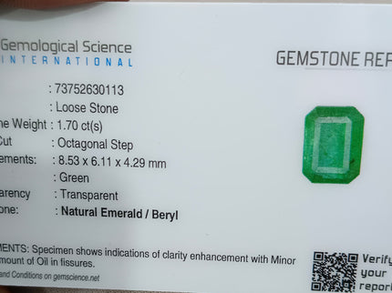Zambian Emerald 1.70ct Certified Natural Deep Green Octagon Cut Gemstone