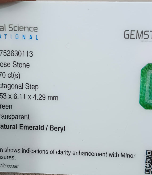 Zambian Emerald 1.70ct Certified Natural Deep Green Octagon Cut Gemstone