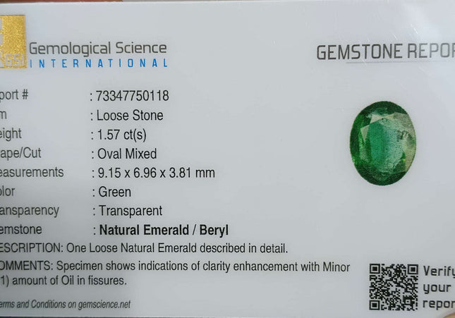 GSI Certified 1.57ct Deep Green Zambian Emerald Minor Oiled Loose Gemstone