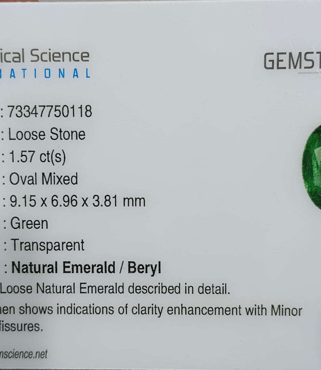 Certified 1.57ct Natural Zambian Emerald Stone