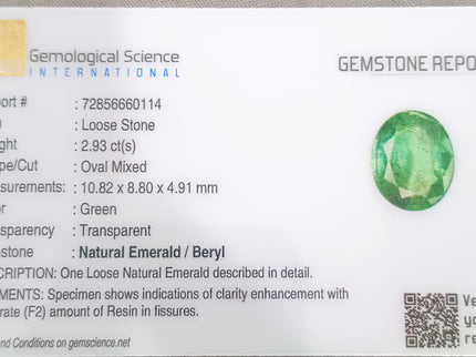 GSI Certified 2.93ct Zambian Emerald, Natural Gemstone