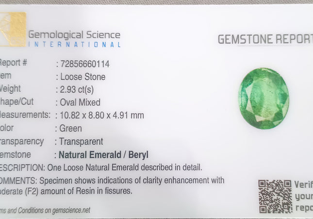 GSI Certified 2.93ct Zambian Emerald, Natural Gemstone