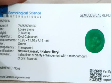 7.14ct Cabochon Cut Vivid Deep Green Natural Zambian Emerald Loose Gemstone