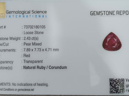 Mozambique Ruby 2.43ct Certified Natural Untreated Pear Cut Loose Gemstone