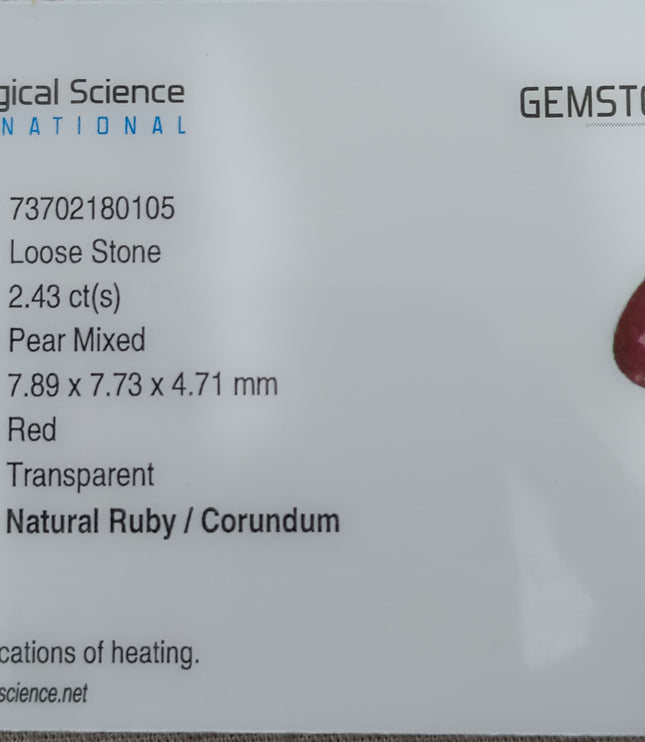 Mozambique Ruby 2.43ct Certified Natural Untreated Pear Cut Loose Gemstone