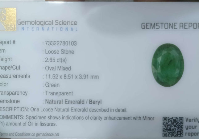 2.65ct GSI USA Certified Medium Green Zambian Emerald