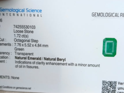1.72ct Natural Emerald Medium Intense Green GSI Certified Octagon Cut Gemstone
