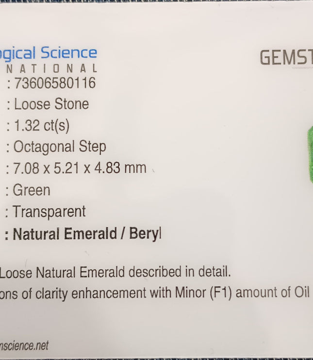 Panjshir Emerald 1.32ct Natural Certified Bright Neon Green Emerald Cut Loose Stone