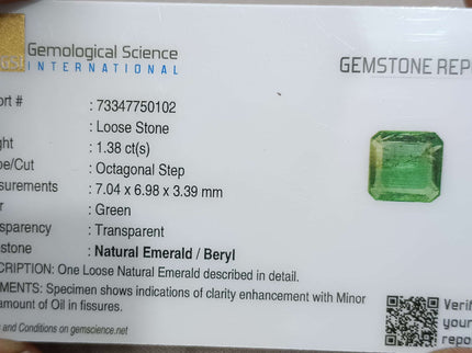 1.38ct Natural Zambian Emerald GSI Certified