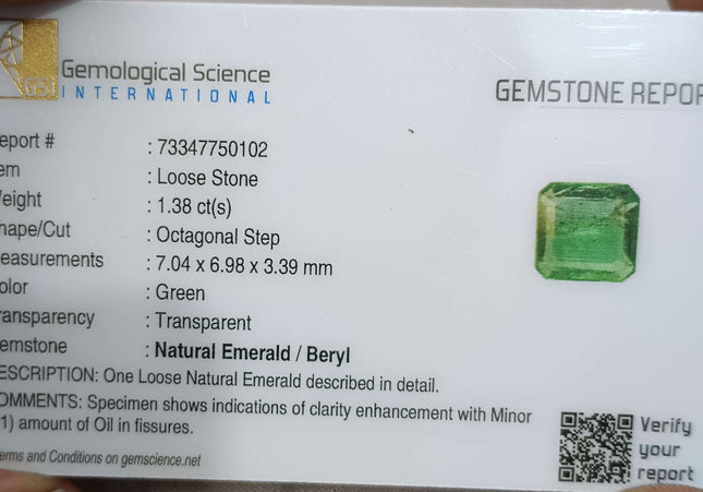 1.38ct Natural Zambian Emerald GSI Certified Minor Oiled Loose Gemstone