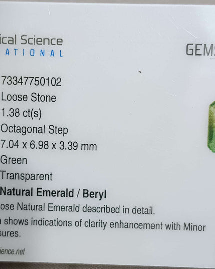 1.38ct Natural Zambian Emerald GSI Certified Minor Oiled Loose Gemstone