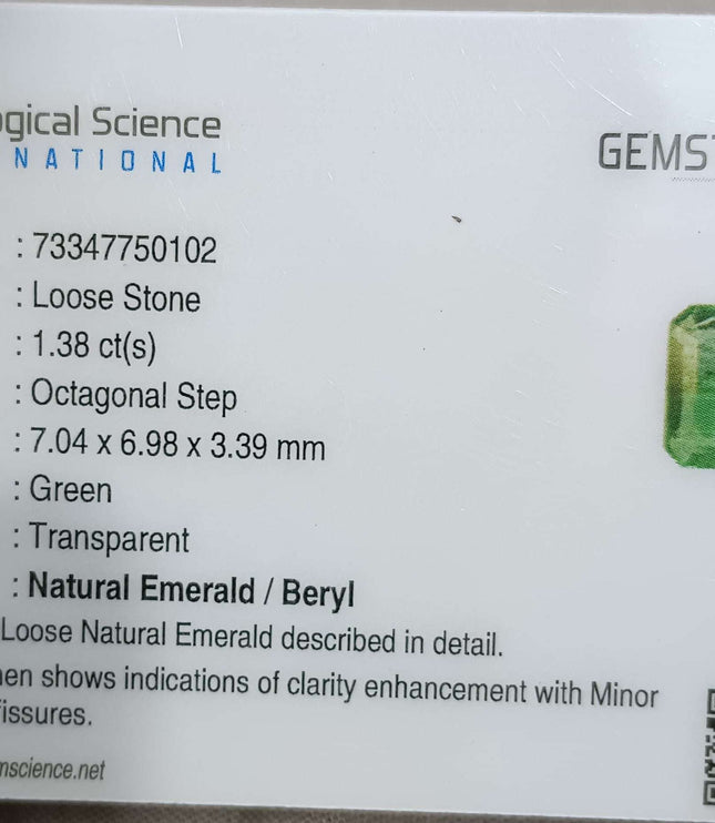1.38ct Natural Zambian Emerald GSI Certified