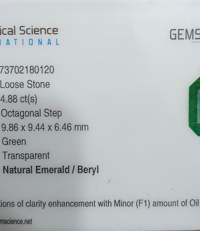 4.88ct Zambian Emerald, Certified Natural Medium Green Octagon Cut Loose Gemstone