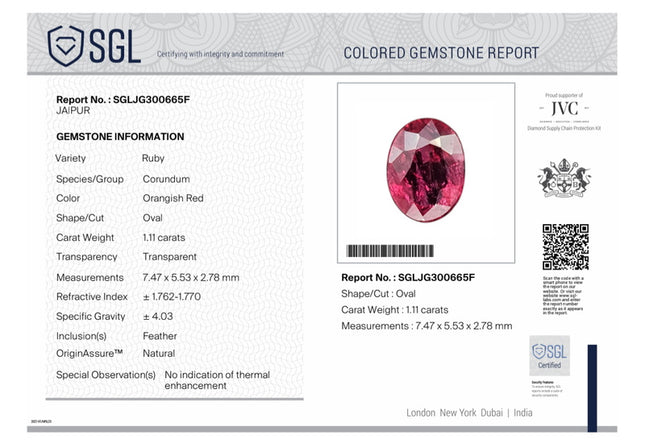 1.11ct Unheated Natural Ruby SGL Certified Mozambique Rasberry Red Oval Loose Gemstone