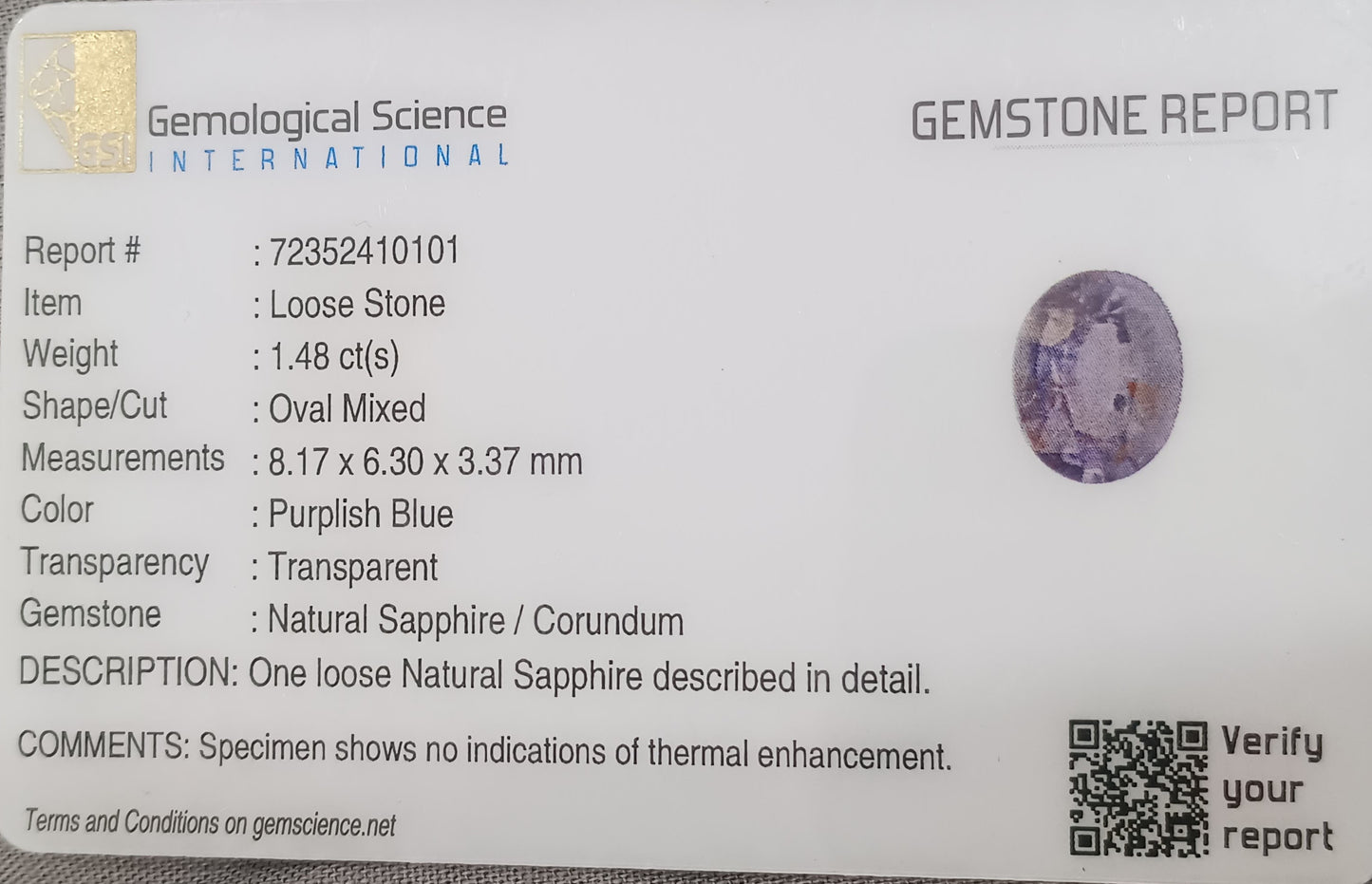 GSI Certified 1.48ct Purple Blue Ceylon Sapphire, 100% Natural untreated Gemstone