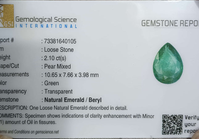 GSI Certified 2.10ct Medium Light Green Natural Zambian Emerald Minor Oiled Loose Gemstone