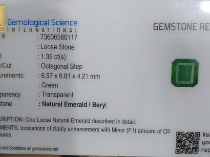 1.35ct Zambian Emerald, Natural Certified Deep Green Emerald cut Loose Stone