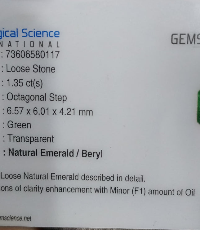 1.35ct Zambian Emerald, Natural Certified Deep Green Emerald cut Loose Stone