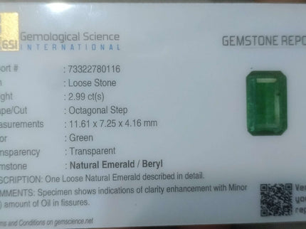 2.99ct Colombian Emerald, Certified Natural Minor Oiled Loose Gemstone