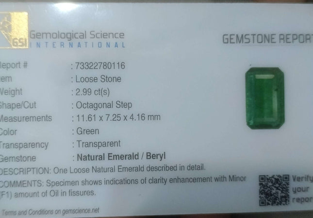2.99ct GSI USA Certified Medium Deep Green Colombian Emerald Minor Oiled Loose Gemstone