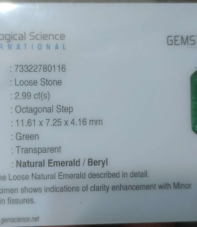 2.99ct Colombian Emerald, Certified Natural Minor Oiled Loose Gemstone