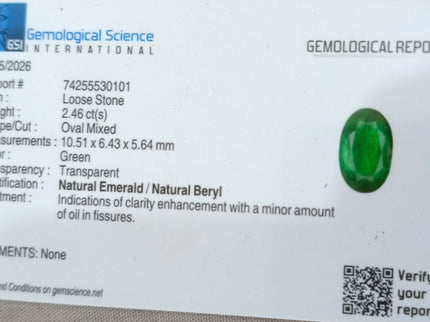 2.46ct Natural Emerald Top Vivid Deep Green Zambian Oval Cut GSI Certified Gemstone