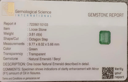 3.81ct Zambian Emerald , 100% Natural Gem