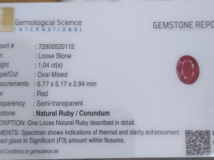 1.04ct Natural Mozambique Ruby Oval Red GSI Certified Gemstone H/GF