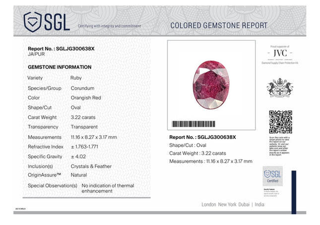 3.22ct Untreated Mozambique Ruby Natural SGL Certified Wine Red Oval Cut Gemstone