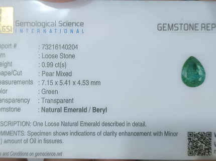 Certified 0.99ct Natural Zambian Emerald Stone Medium Deep Green Pear Cut