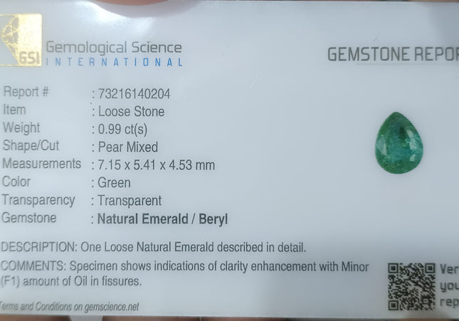 GSI Certified 0.99ct Medium Deep Green Natural Loose Emerald Minor Oiled Loose Gemstone