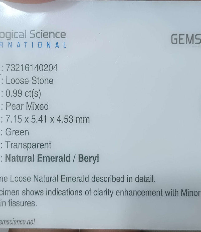 Certified 0.99ct Natural Zambian Emerald Stone.