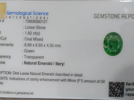 Zambian Emerald 1.82ct Vivid Medium Deep Green Oval Cut Loose Gemstone