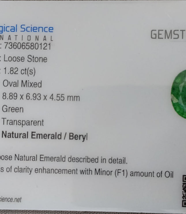 Zambian Emerald 1.82ct Vivid Medium Deep Green Oval Cut Loose Gemstone