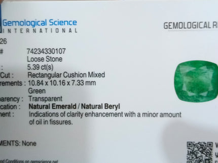 5.39ct Natural Emerald GSI Certified Deep Green Zambian Cushion Cut loose Gemstone