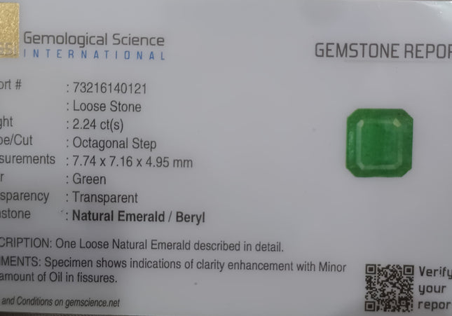 2.24ct GSI Certified Emerald Cut Zambian Emerald Minor Oiled Loose Gemstone