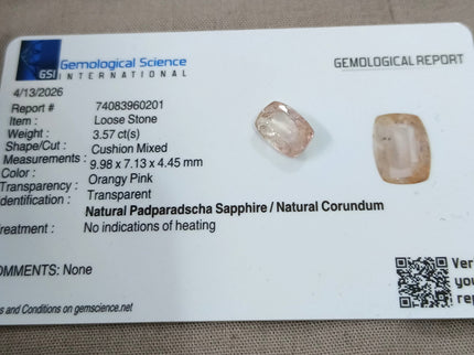Untreated Padparadscha Sapphire 3.57ct Natural Certified Cushion Cut Orangy Pink Gemstone