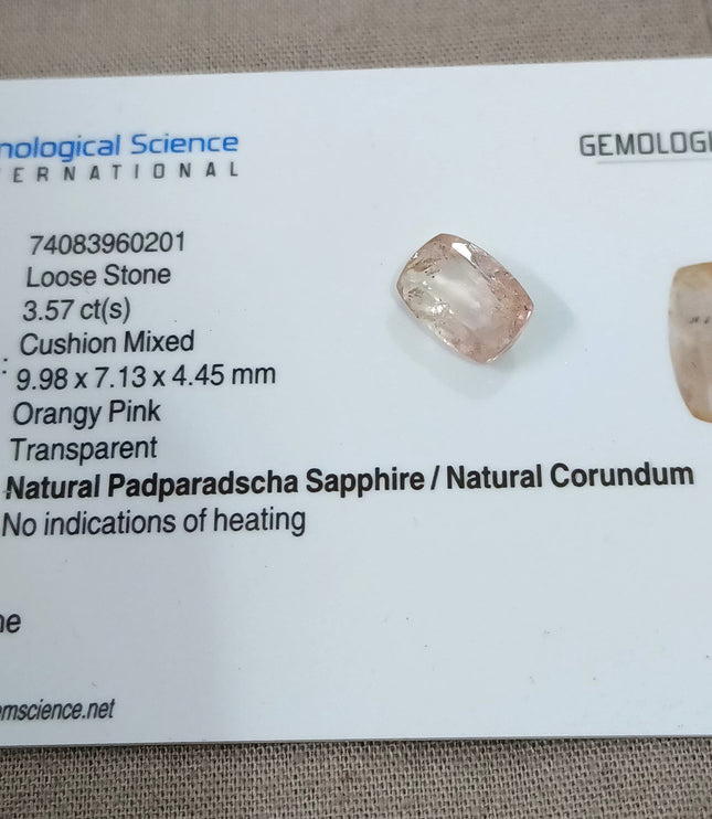 Untreated Padparadscha Sapphire 3.57ct Natural Certified Cushion Cut Orangy Pink Gemstone